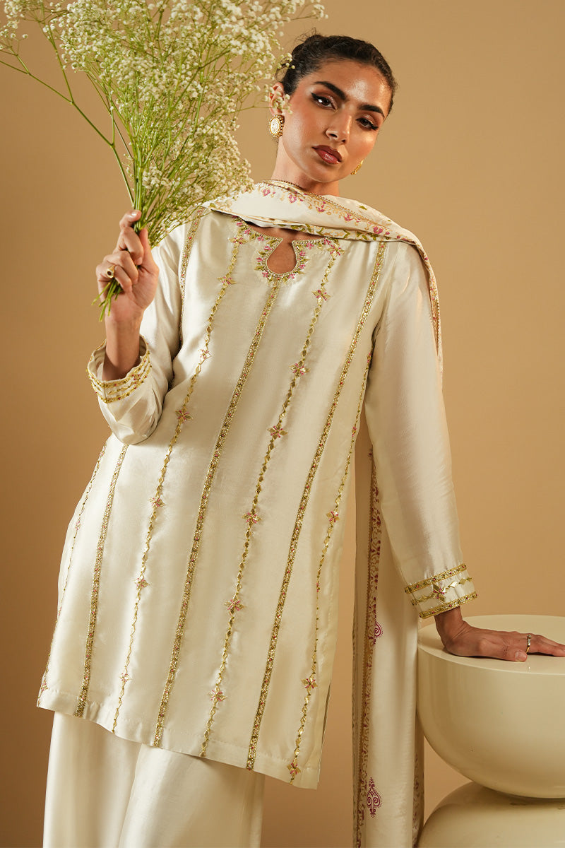 Ivory Embroidered Sheesha Silk Salwar Kameez (3-Piece) - Image 8