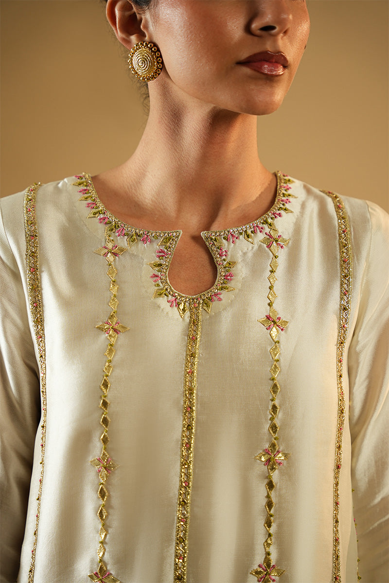 Ivory Embroidered Sheesha Silk Salwar Kameez (3-Piece) - Image 9