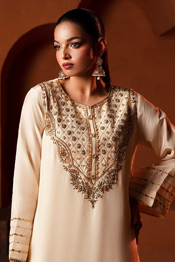 Ivory Hand-Embroidered Sheesha Silk Salwar Kameez (3-Piece) - Image 2