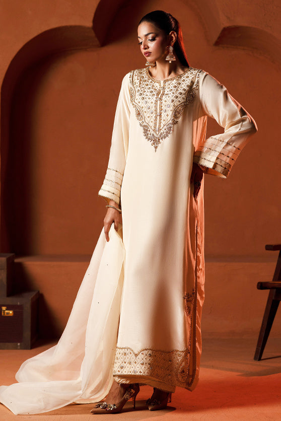 Ivory Hand-Embroidered Sheesha Silk Salwar Kameez (3-Piece) - Image 3