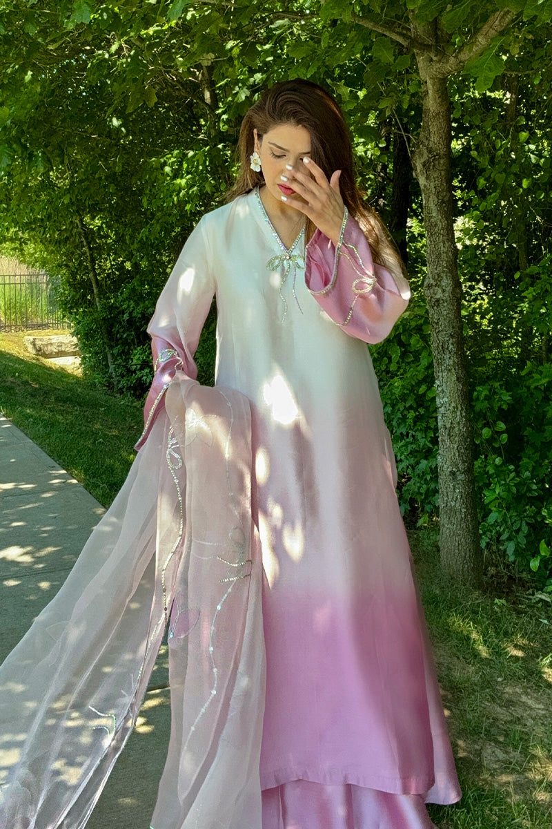 Pakistani Ivory to Blush Pink Embroidered Sheesha Silk Salwar Kameez (3-Piece) - Image 2