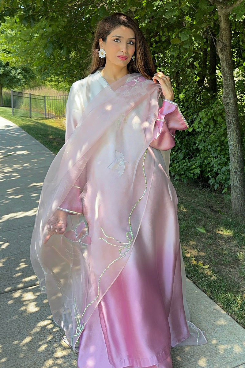 Pakistani Ivory to Blush Pink Embroidered Sheesha Silk Salwar Kameez (3-Piece) - Image 3