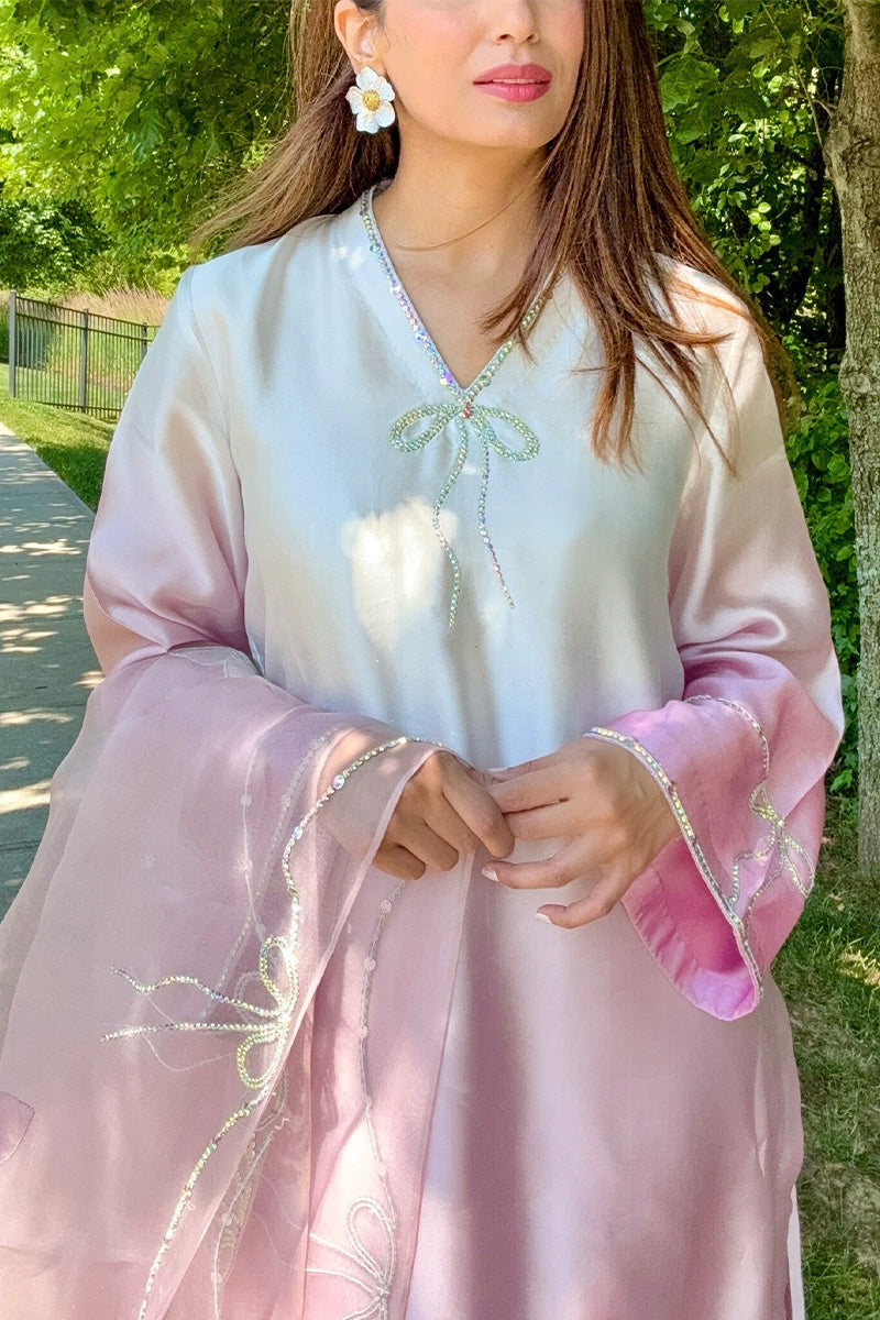 Pakistani Ivory to Blush Pink Embroidered Sheesha Silk Salwar Kameez (3-Piece) - Image 4