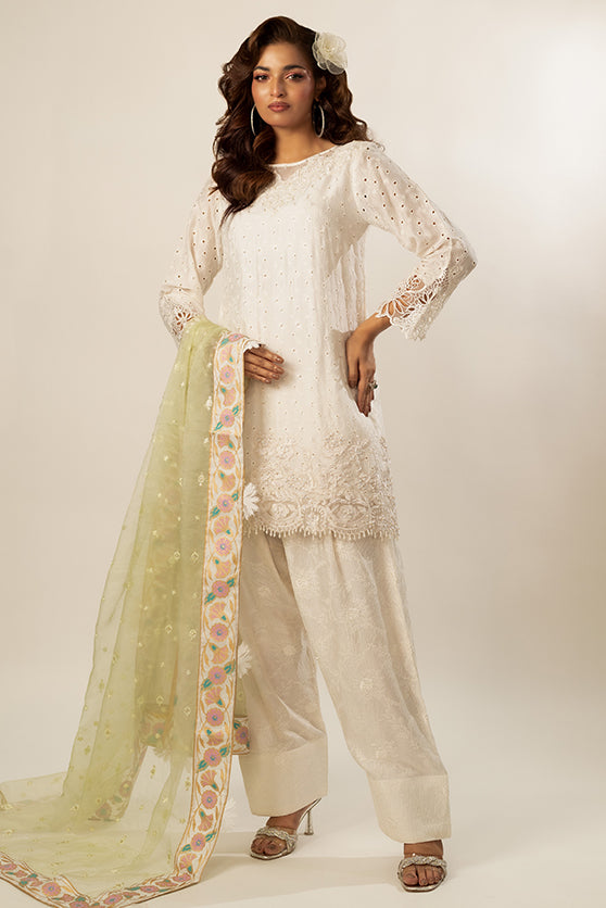 Off-White Embroidered Sheesha Silk Kurta Set (3-Piece) - Image 3