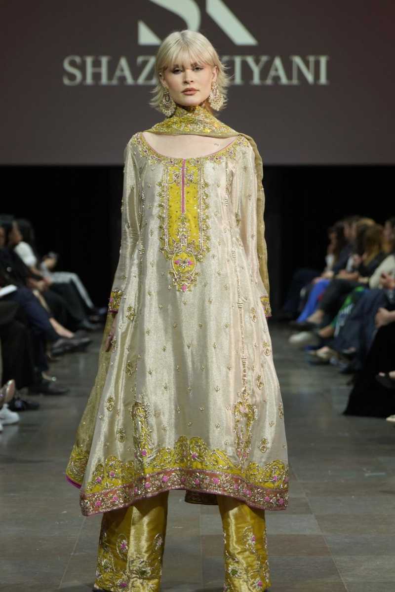 Pakistani Ivory Mustard Embellished Silk-Blend Salwar Kameez (3-Piece) - Image 1