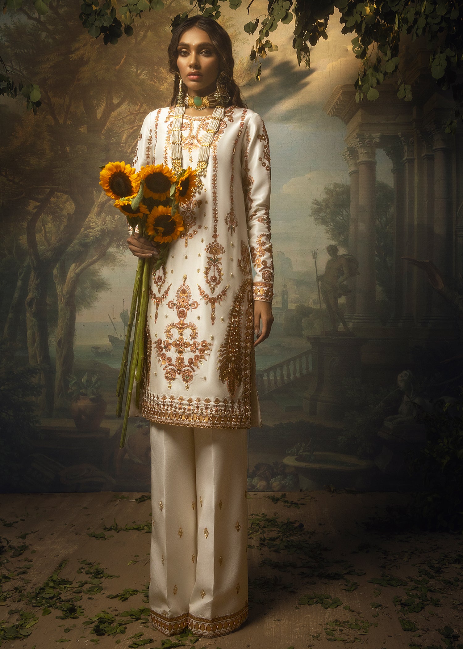 Pakistani Ivory Hand-Embellished Silk-Blend Salwar Kameez (2-Piece) - Image 1