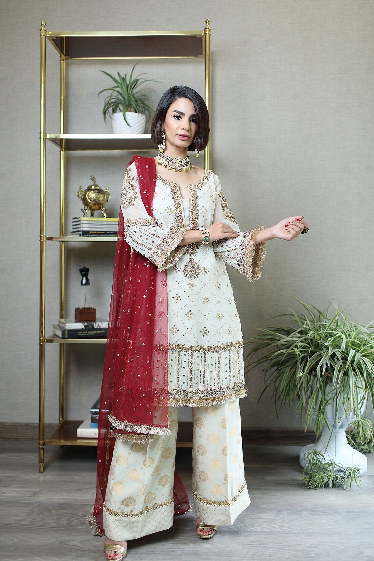 Red Mukesh Net Dupatta 3-Piece Ivory Silk Set - Image 1