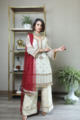 Red Mukesh Net Dupatta 3-Piece Ivory Silk Set - Image 2