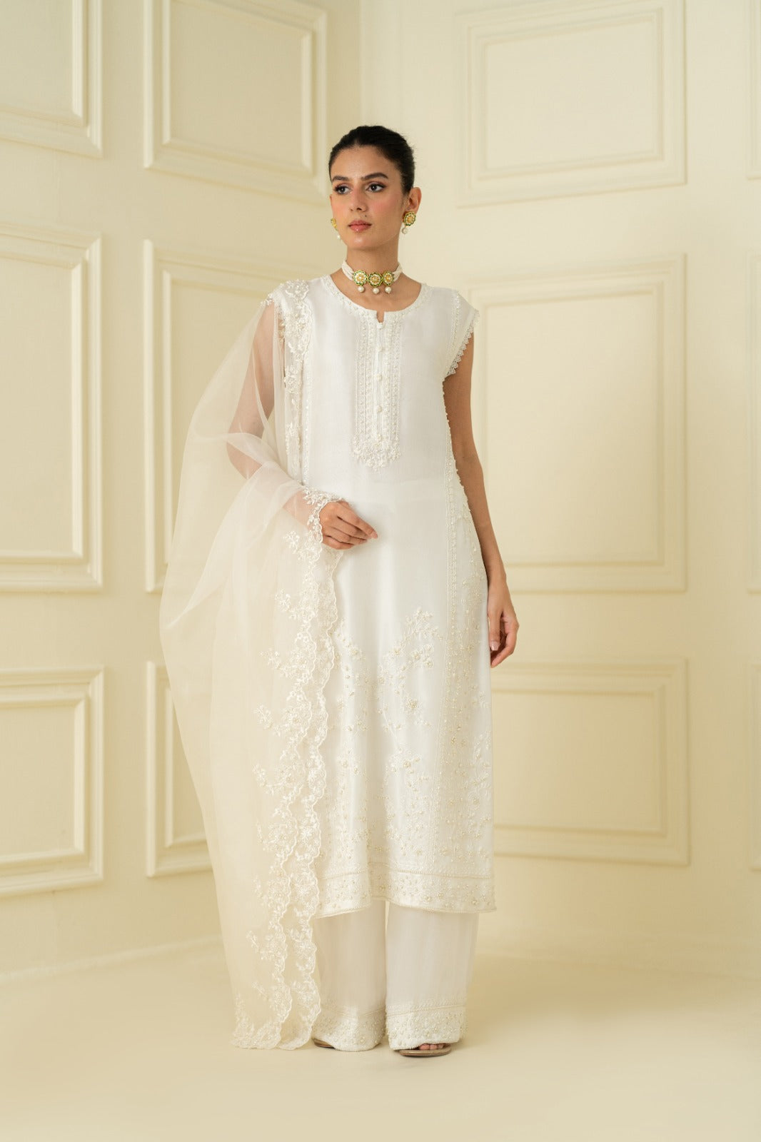 Ivory Embroidered Silk-Blend Salwar Kameez (3-Piece) - Image 1