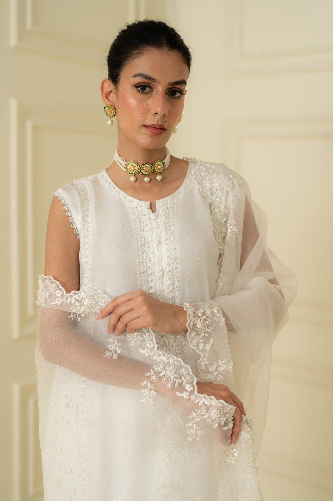 Ivory Embroidered Silk-Blend Salwar Kameez (3-Piece) - Image 2