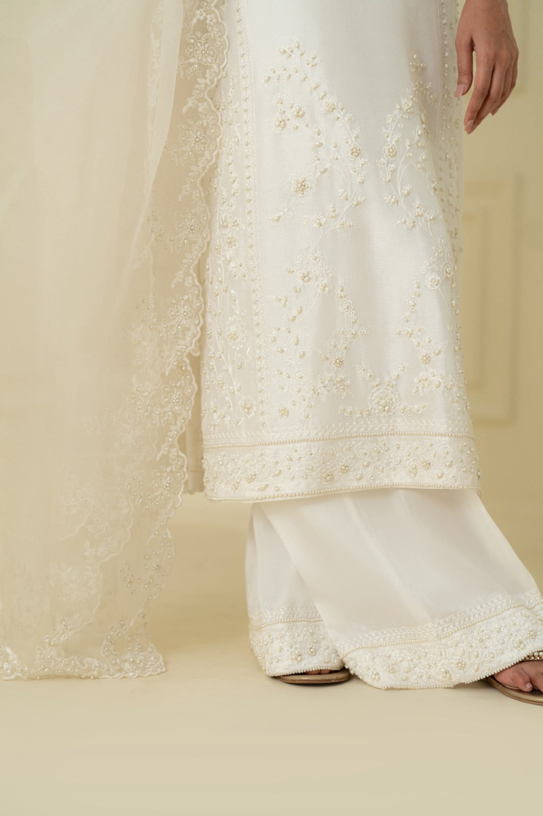 Ivory Embroidered Silk-Blend Salwar Kameez (3-Piece) - Image 3