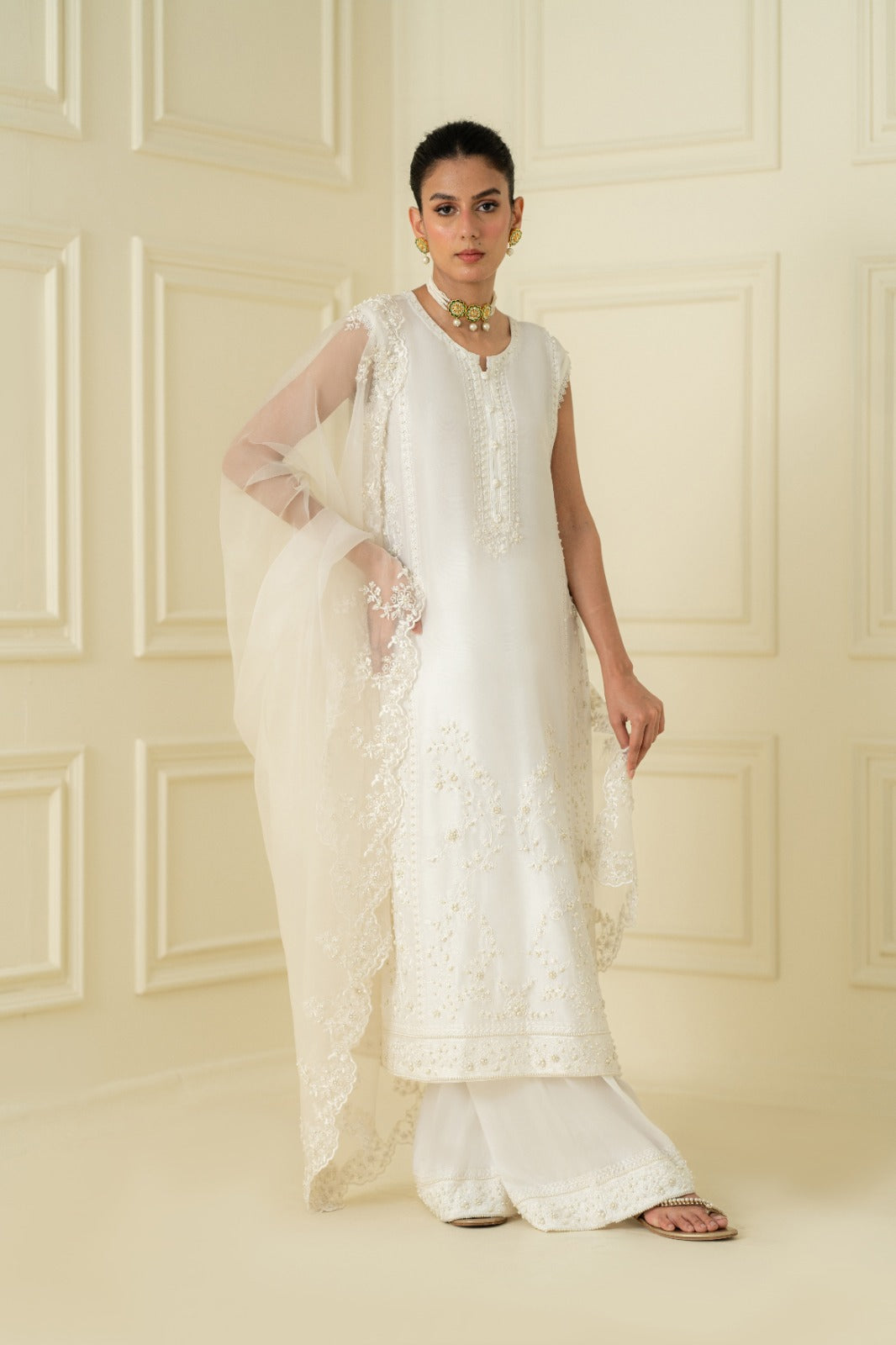Ivory Embroidered Silk-Blend Salwar Kameez (3-Piece) - Image 4