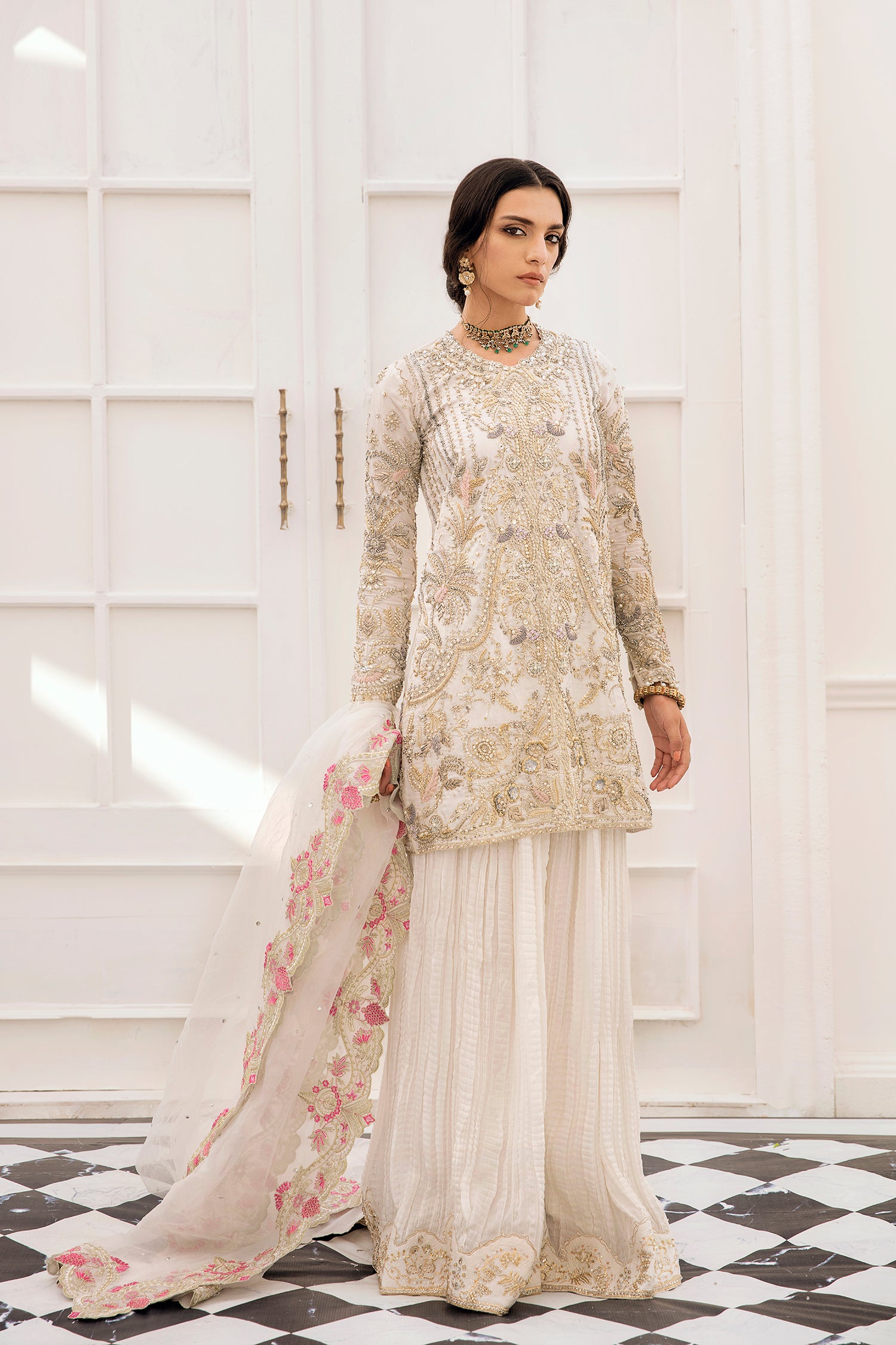 Ivory Hand-Embellished Silk-Blend Salwar Kameez (4-Piece) - Image 1