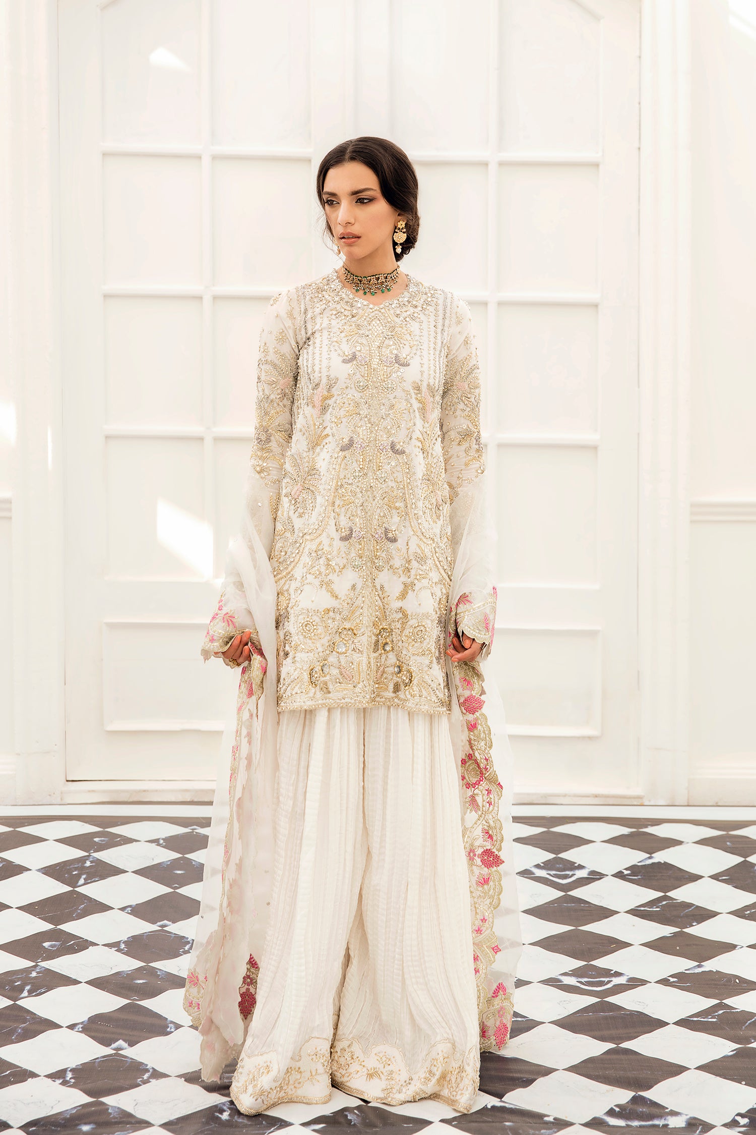 Ivory Hand-Embellished Silk-Blend Salwar Kameez (4-Piece) - Image 3