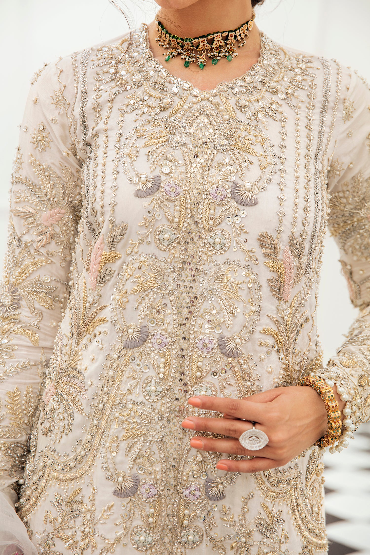 Ivory Hand-Embellished Silk-Blend Salwar Kameez (4-Piece) - Image 5