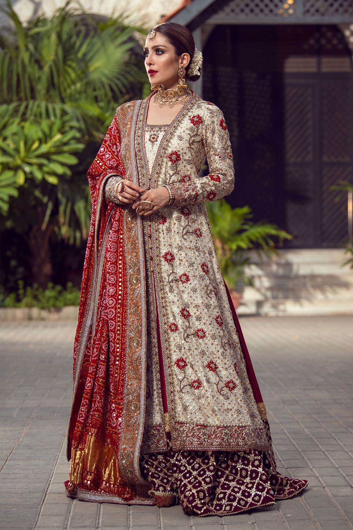 Pakistani Ivory Embroidered Silk Bridal Shirt (3-Piece) - Image 1