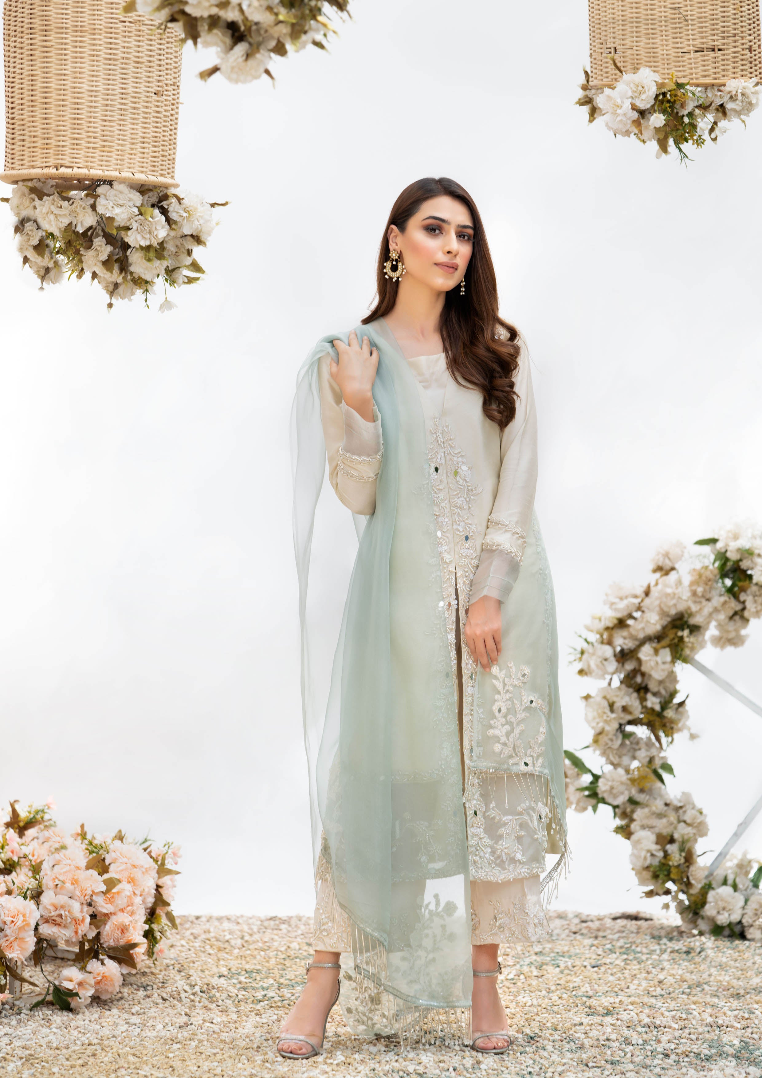 Ivory Embroidered Silk & Organza Salwar Kameez (3-Piece) - Image 1