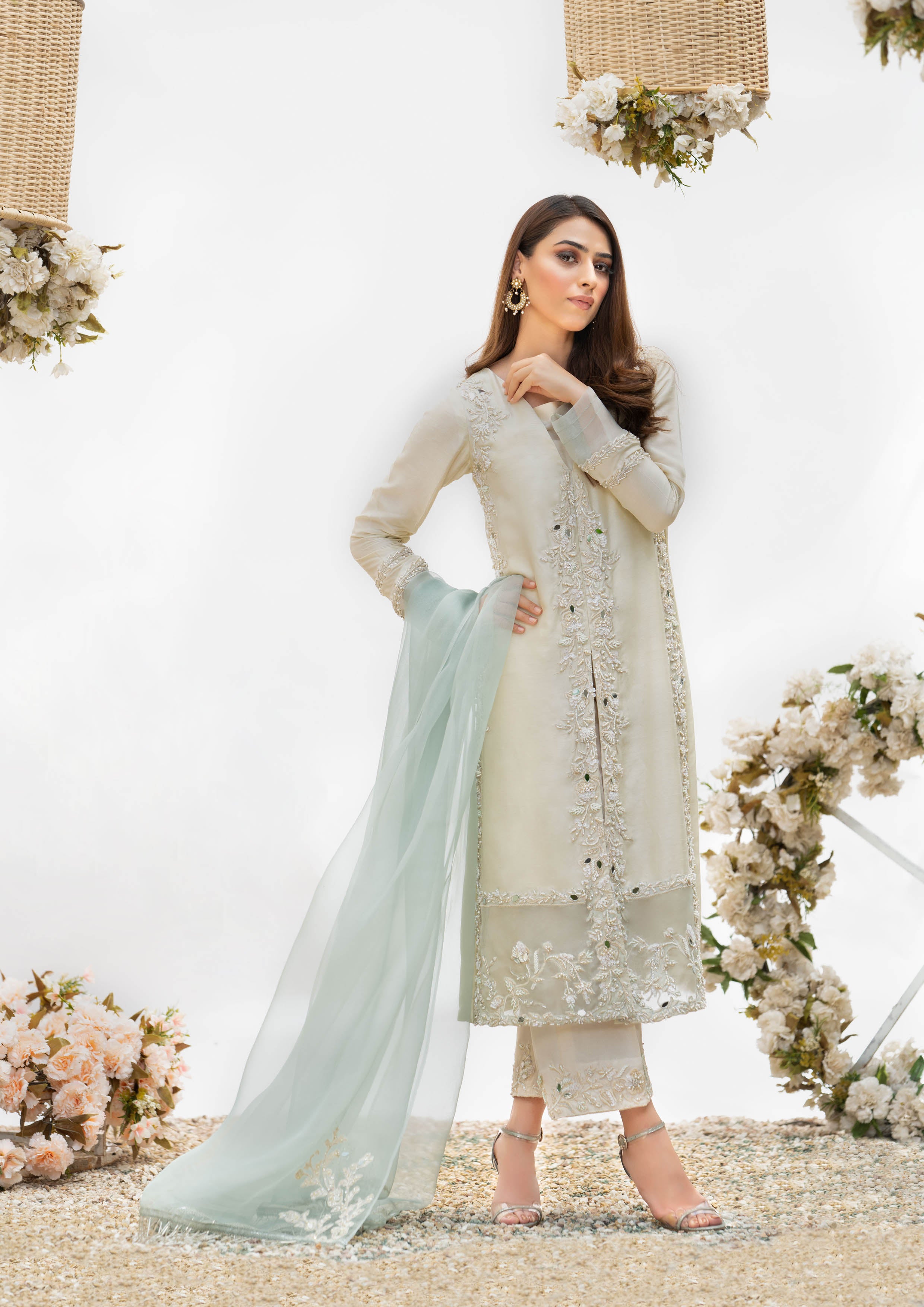Ivory Embroidered Silk & Organza Salwar Kameez (3-Piece) - Image 2