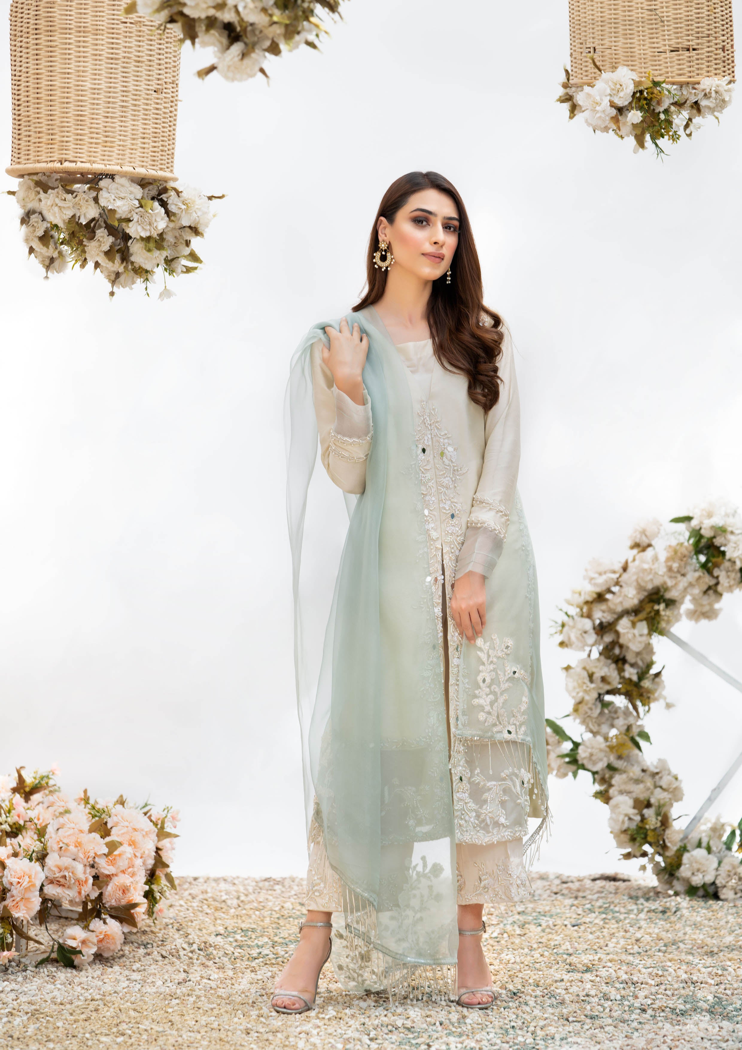 Ivory Embroidered Silk & Organza Salwar Kameez (3-Piece) - Image 3
