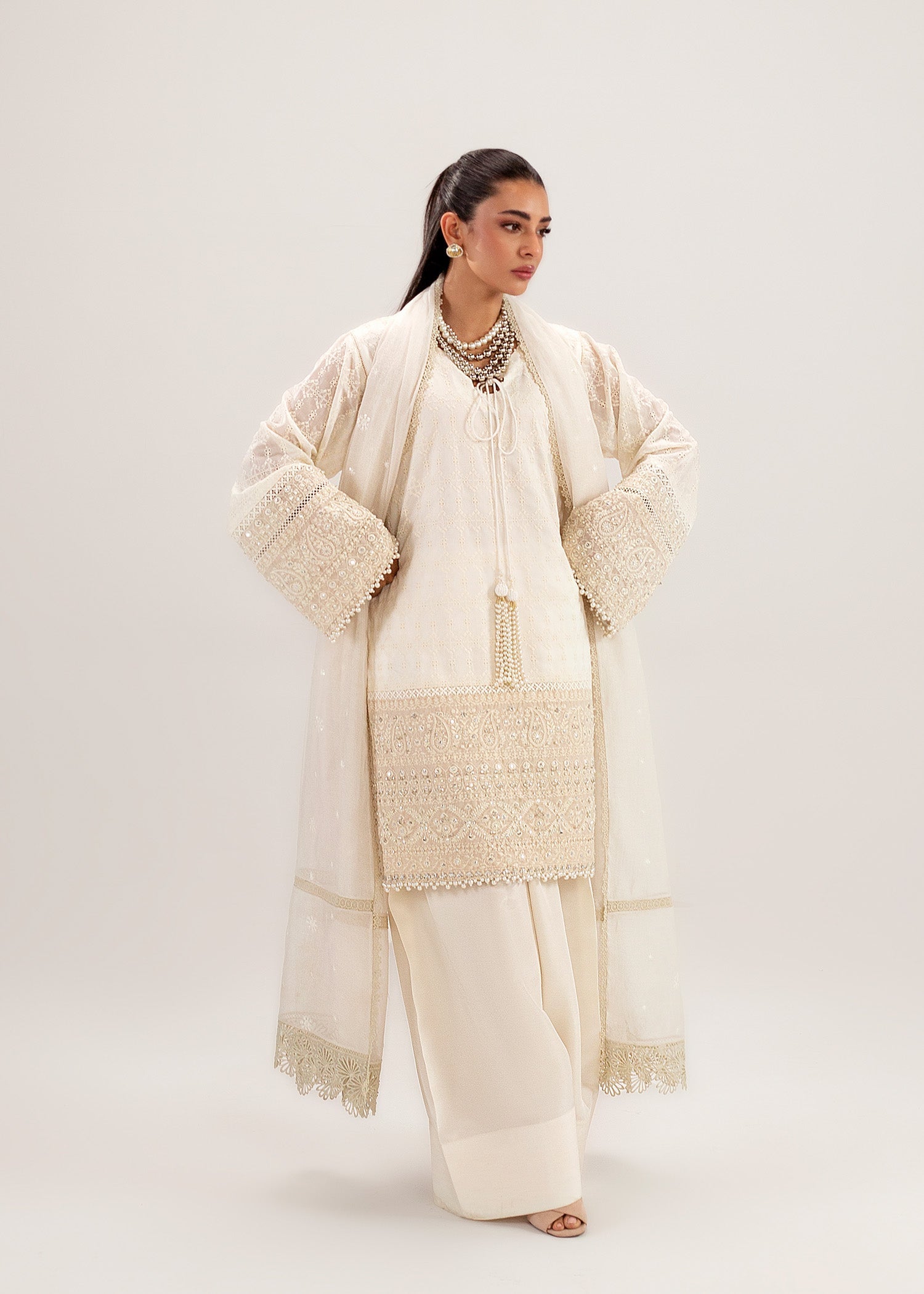 Pakistani Ivory Embroidered Silk Khadi Net Kurta Set (3-Piece) - Image 1