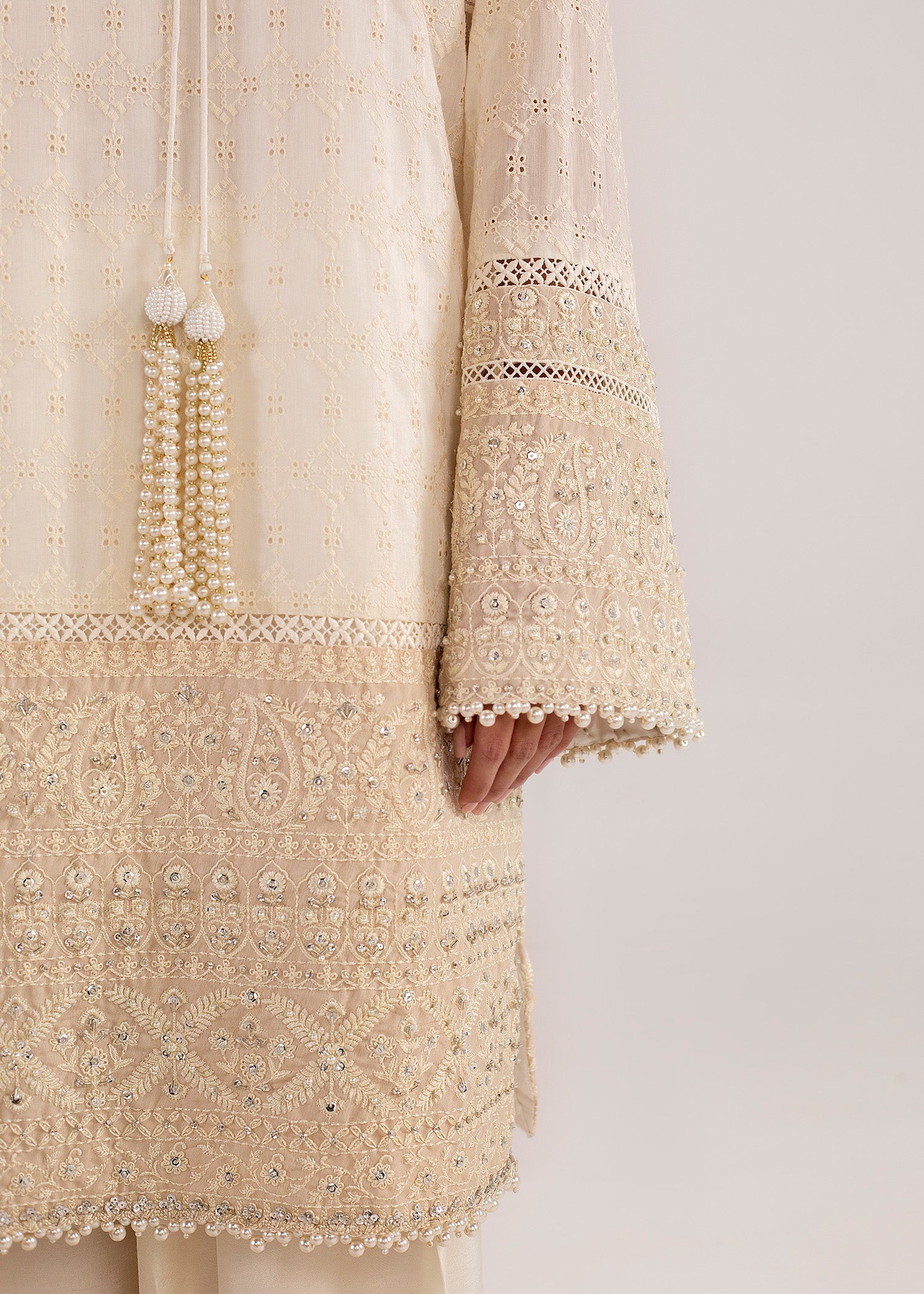 Pakistani Ivory Embroidered Silk Khadi Net Kurta Set (3-Piece) - Image 4