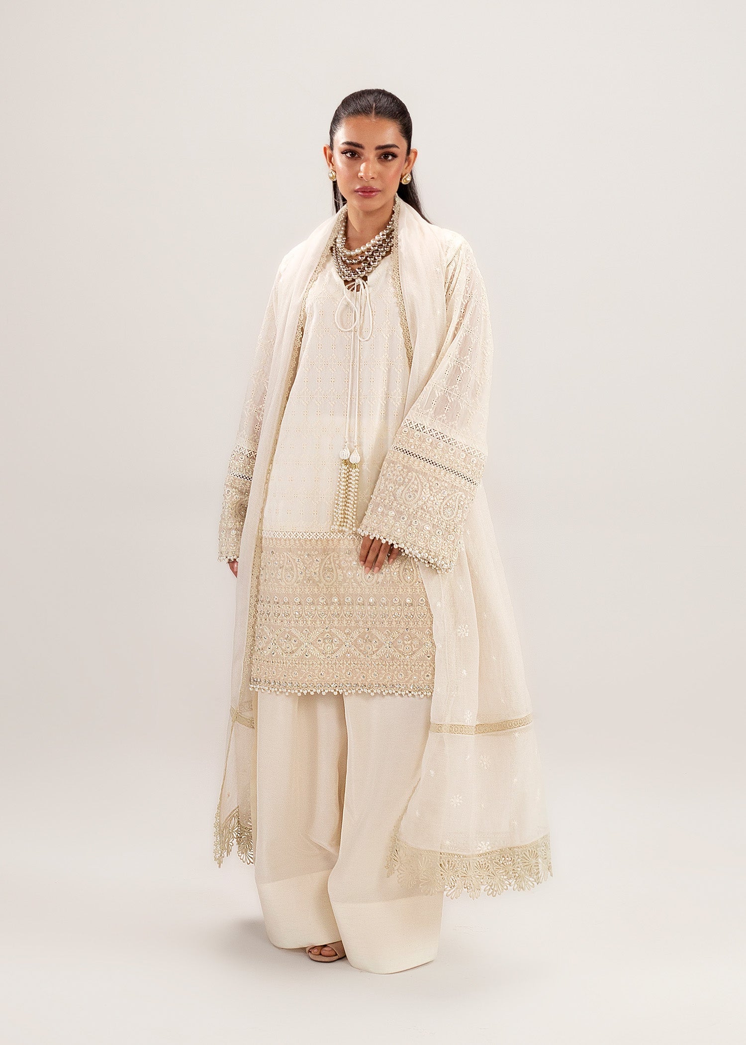 Pakistani Ivory Embroidered Silk Khadi Net Kurta Set (3-Piece) - Image 5
