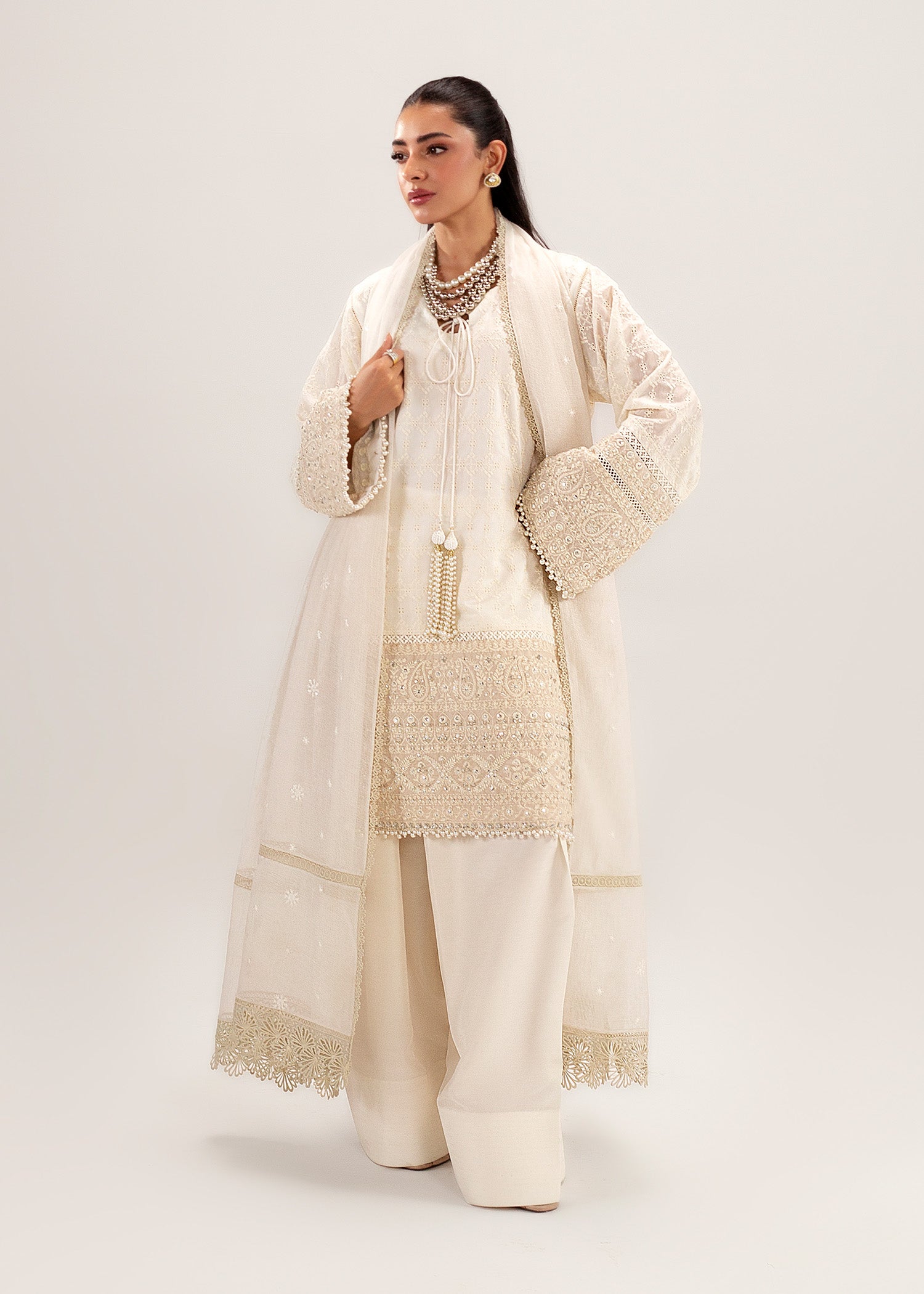 Pakistani Ivory Embroidered Silk Khadi Net Kurta Set (3-Piece) - Image 6