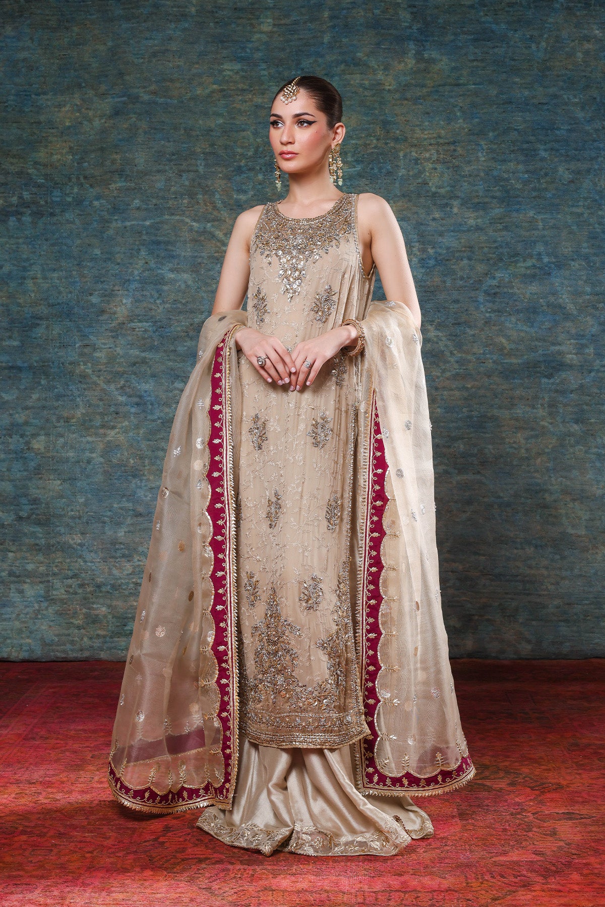 Beige Ivory Embroidered Silk Organza Salwar Kameez (3-Piece) - Image 1