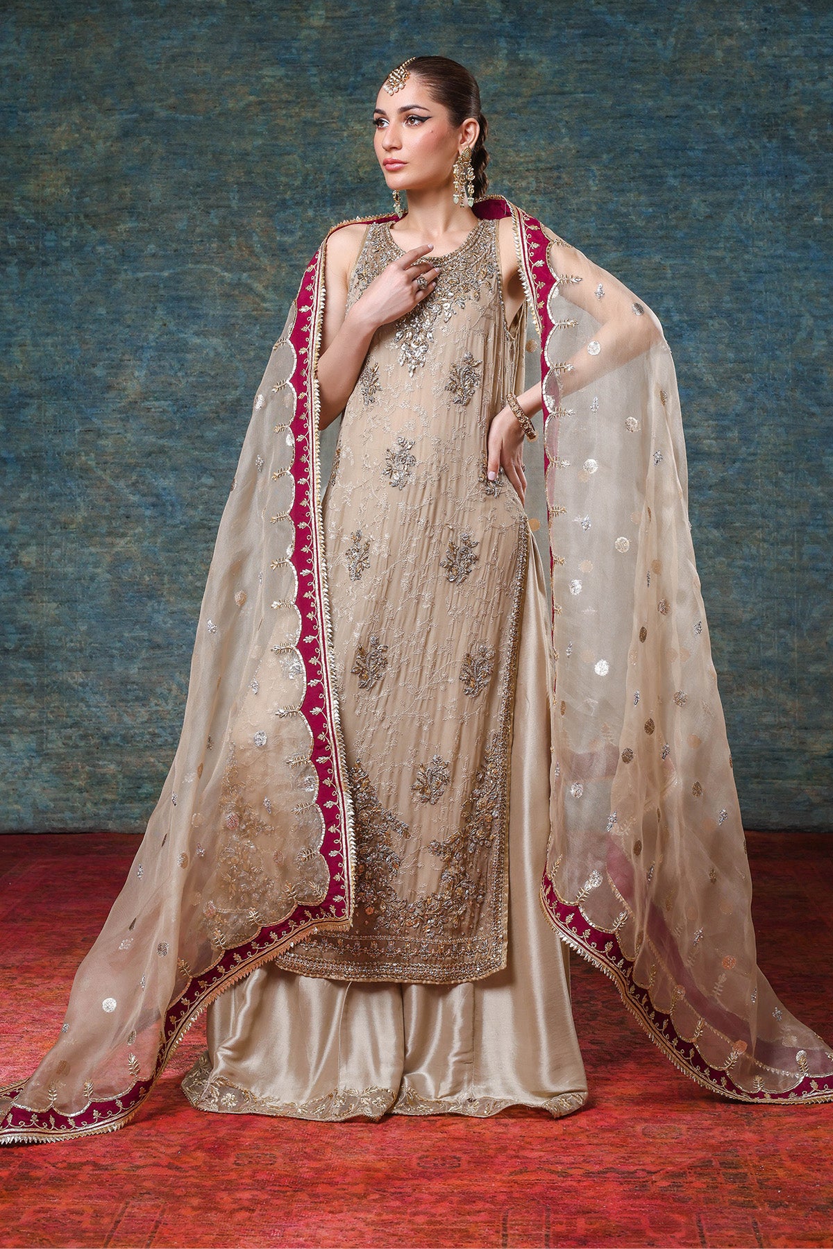 Beige Ivory Embroidered Silk Organza Salwar Kameez (3-Piece) - Image 2