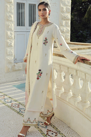 Pakistani Ivory Embroidered Silk Salwar Kameez (3-Piece) - Image 2