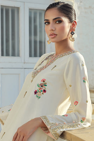 Pakistani Ivory Embroidered Silk Salwar Kameez (3-Piece) - Image 4