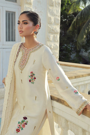 Pakistani Ivory Embroidered Silk Salwar Kameez (3-Piece) - Image 5