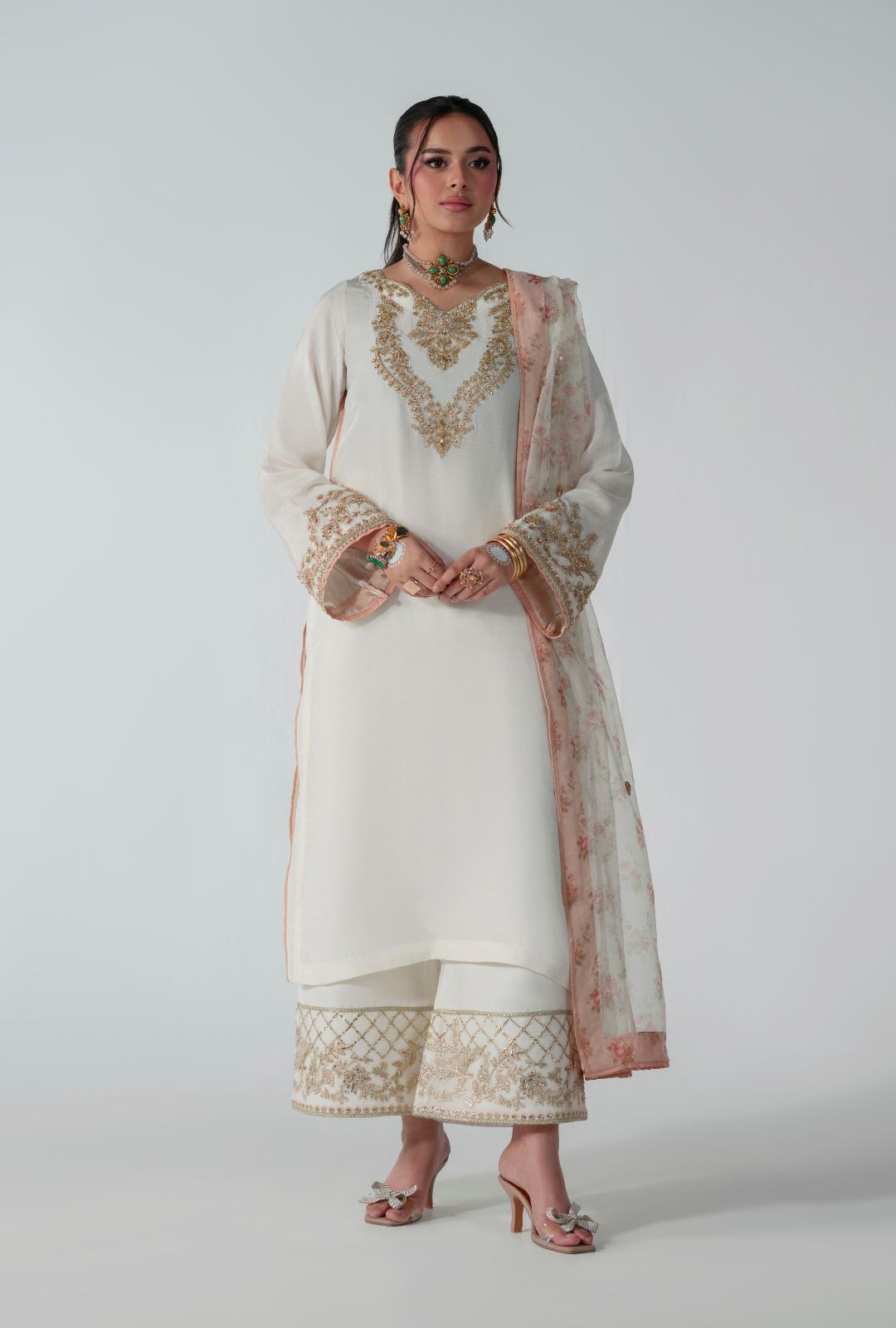 Pakistani Off-White Resham & Sequin Silk Salwar Kameez (3-Piece) - Image 1