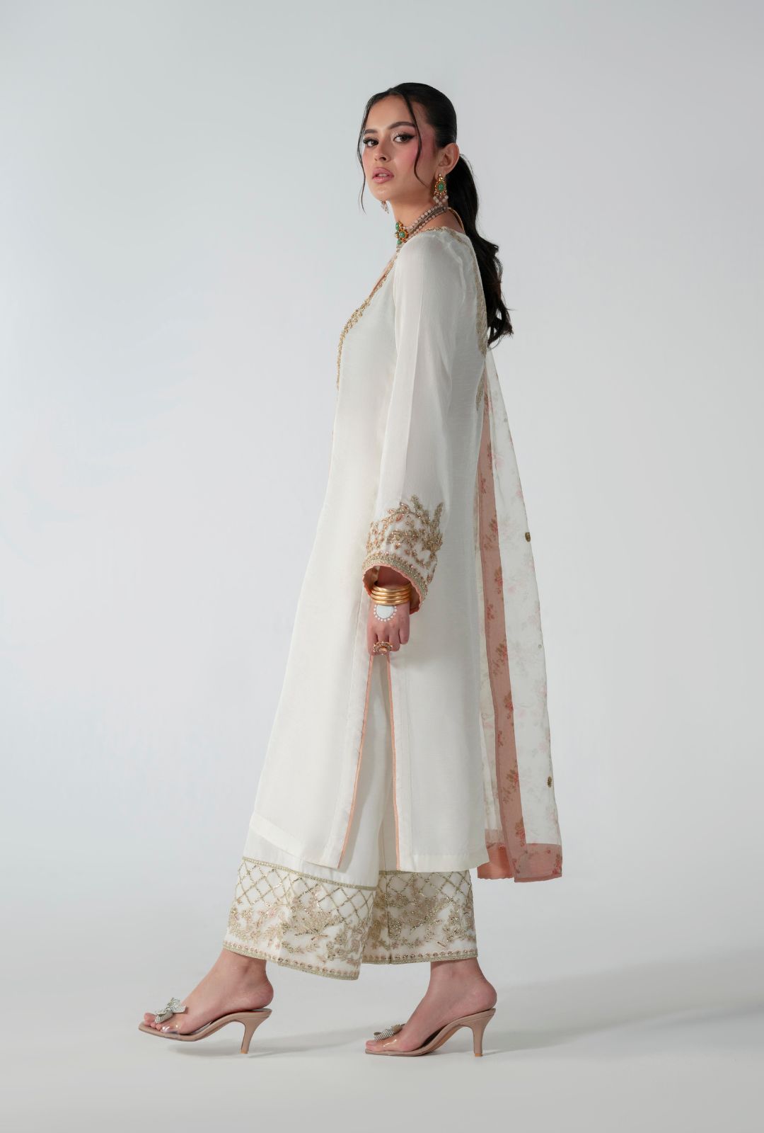 Pakistani Off-White Resham & Sequin Silk Salwar Kameez (3-Piece) - Image 2