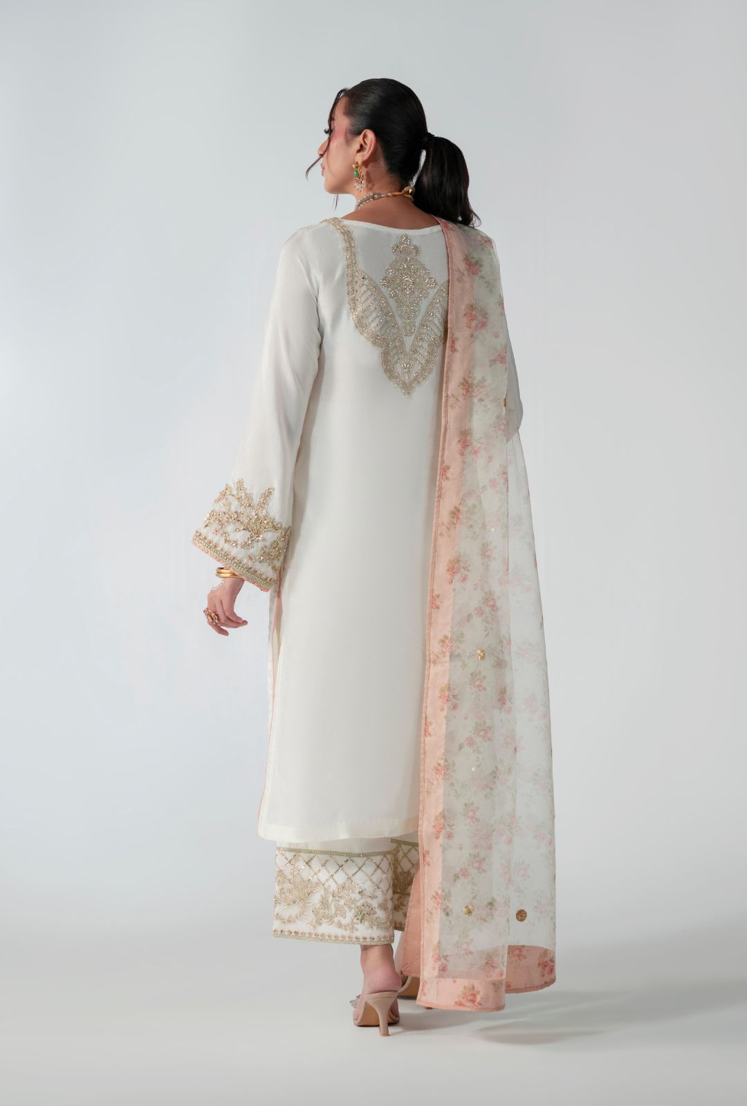 Pakistani Off-White Resham & Sequin Silk Salwar Kameez (3-Piece) - Image 3
