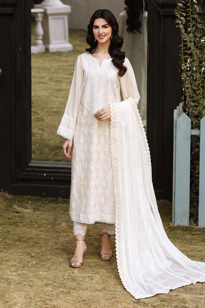 Off-White Embroidered Silk Salwar Kameez (2-Piece) - Image 1