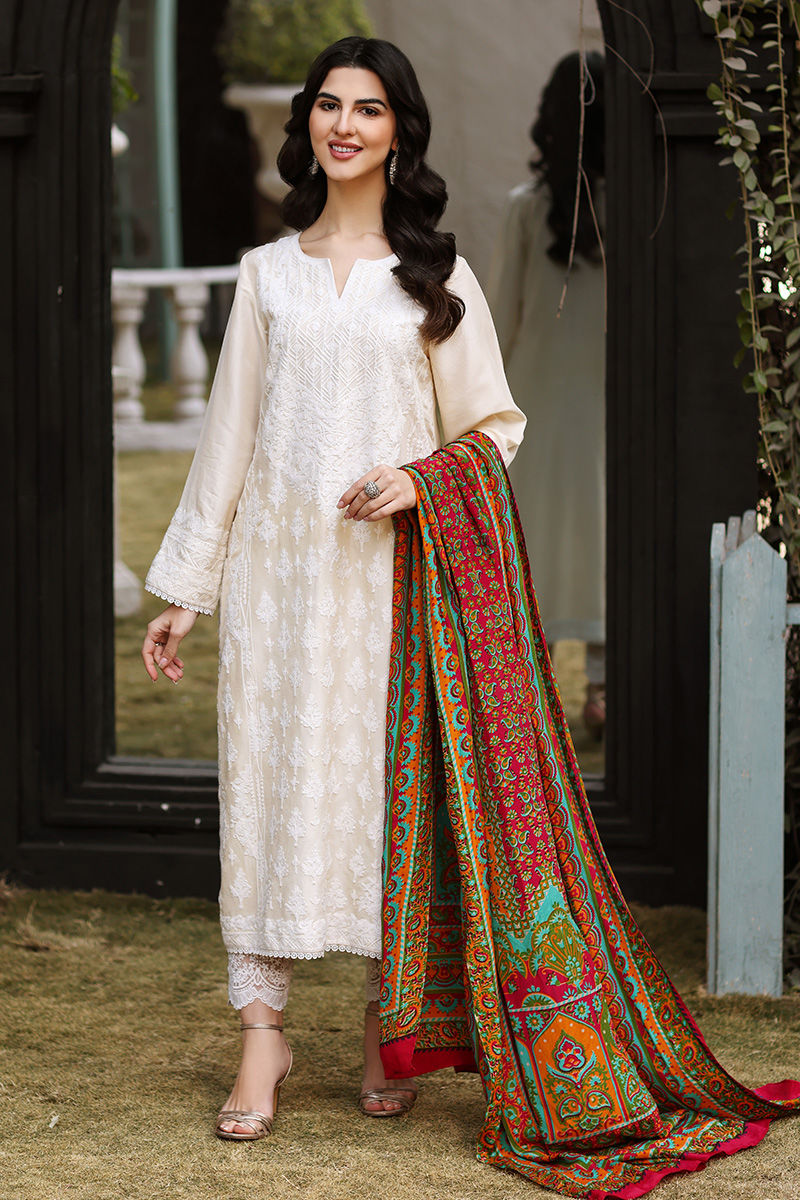 Off-White Embroidered Silk Salwar Kameez (2-Piece) - Image 2
