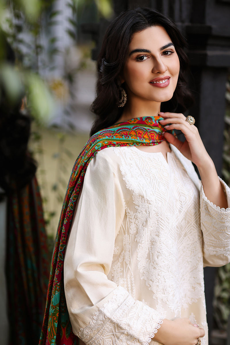 Off-White Embroidered Silk Salwar Kameez (2-Piece) - Image 6