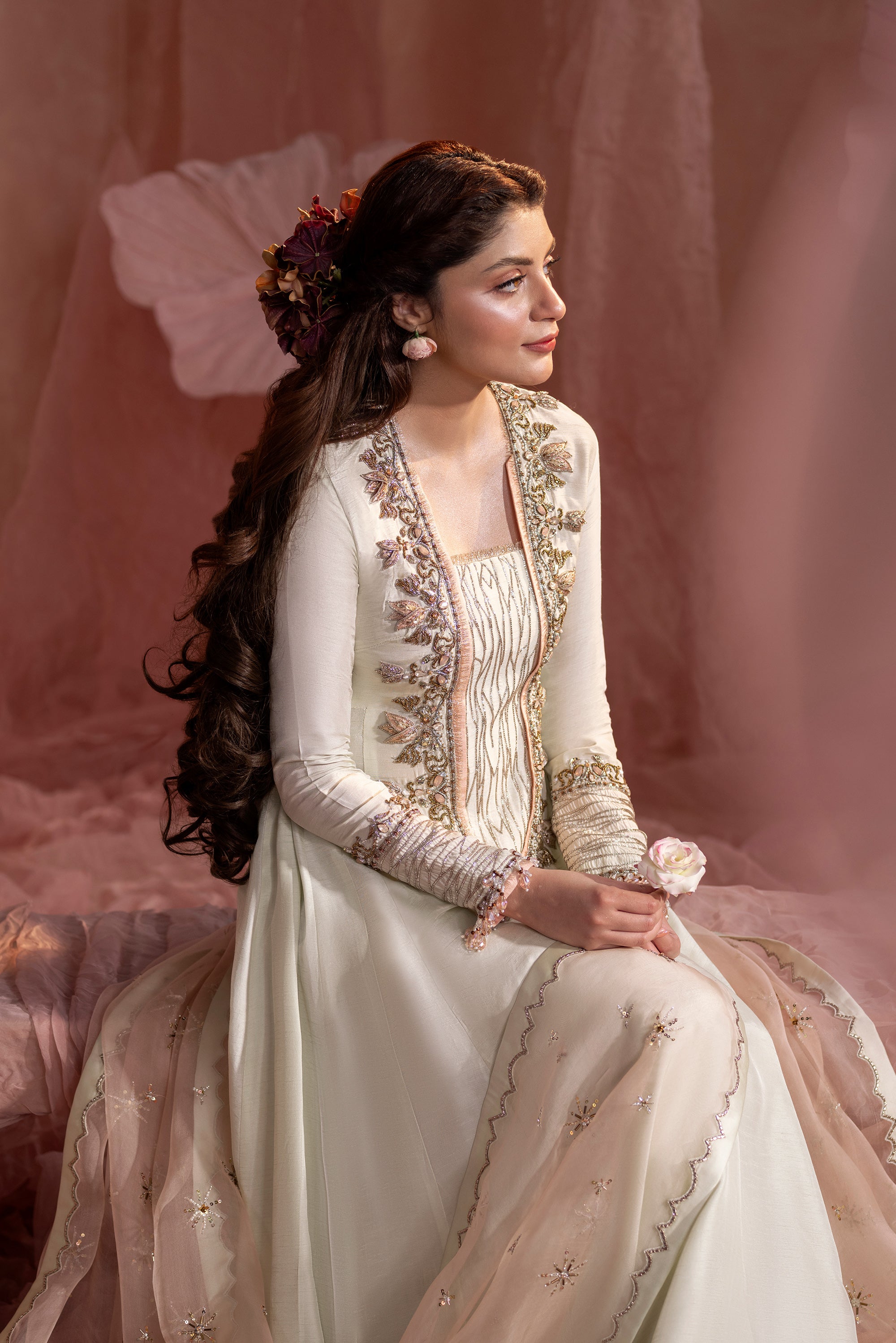 Peach Ivory Zardozi Silk Jacket Ensemble (3-Piece) - Image 2