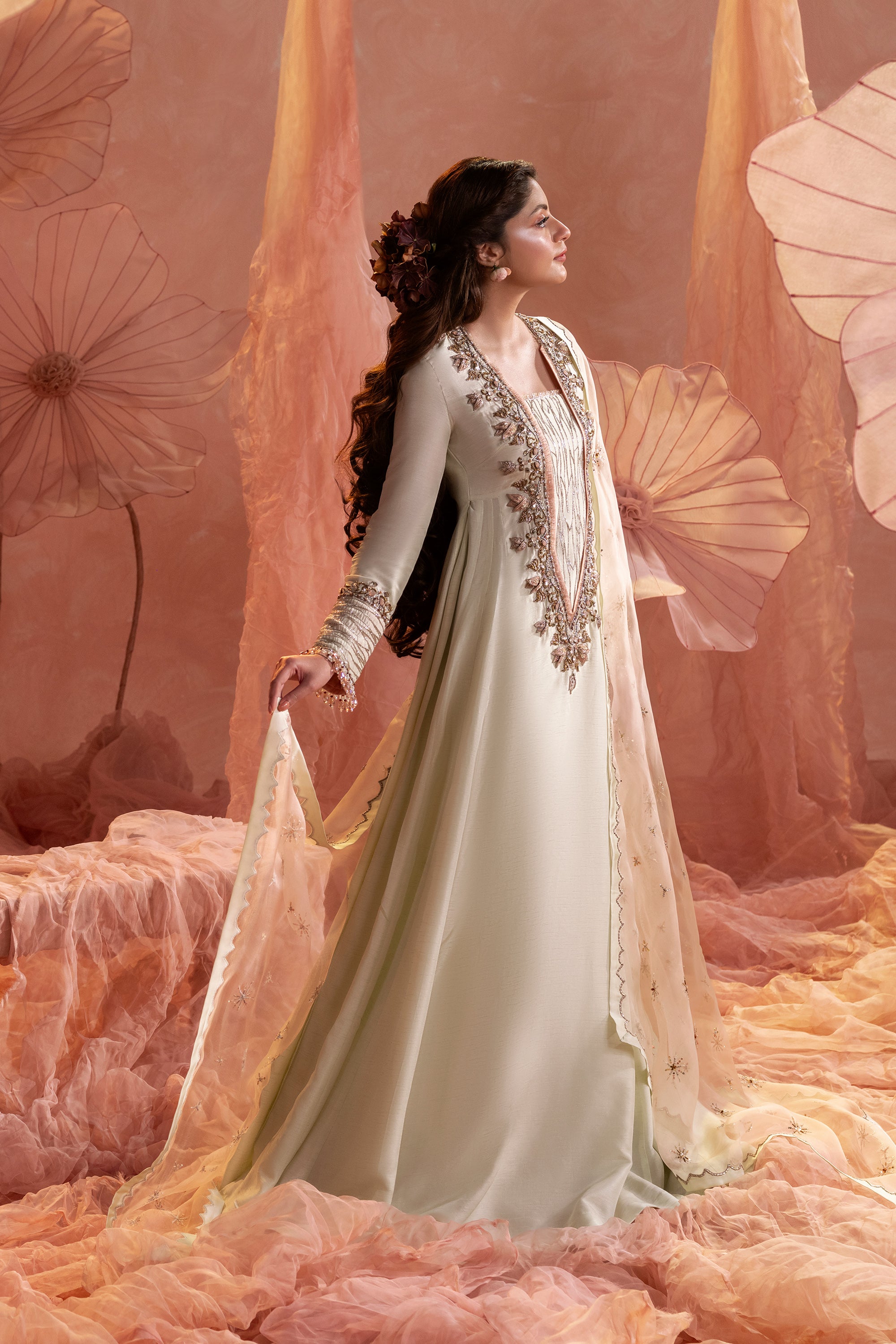 Peach Ivory Zardozi Silk Jacket Ensemble (3-Piece) - Image 3