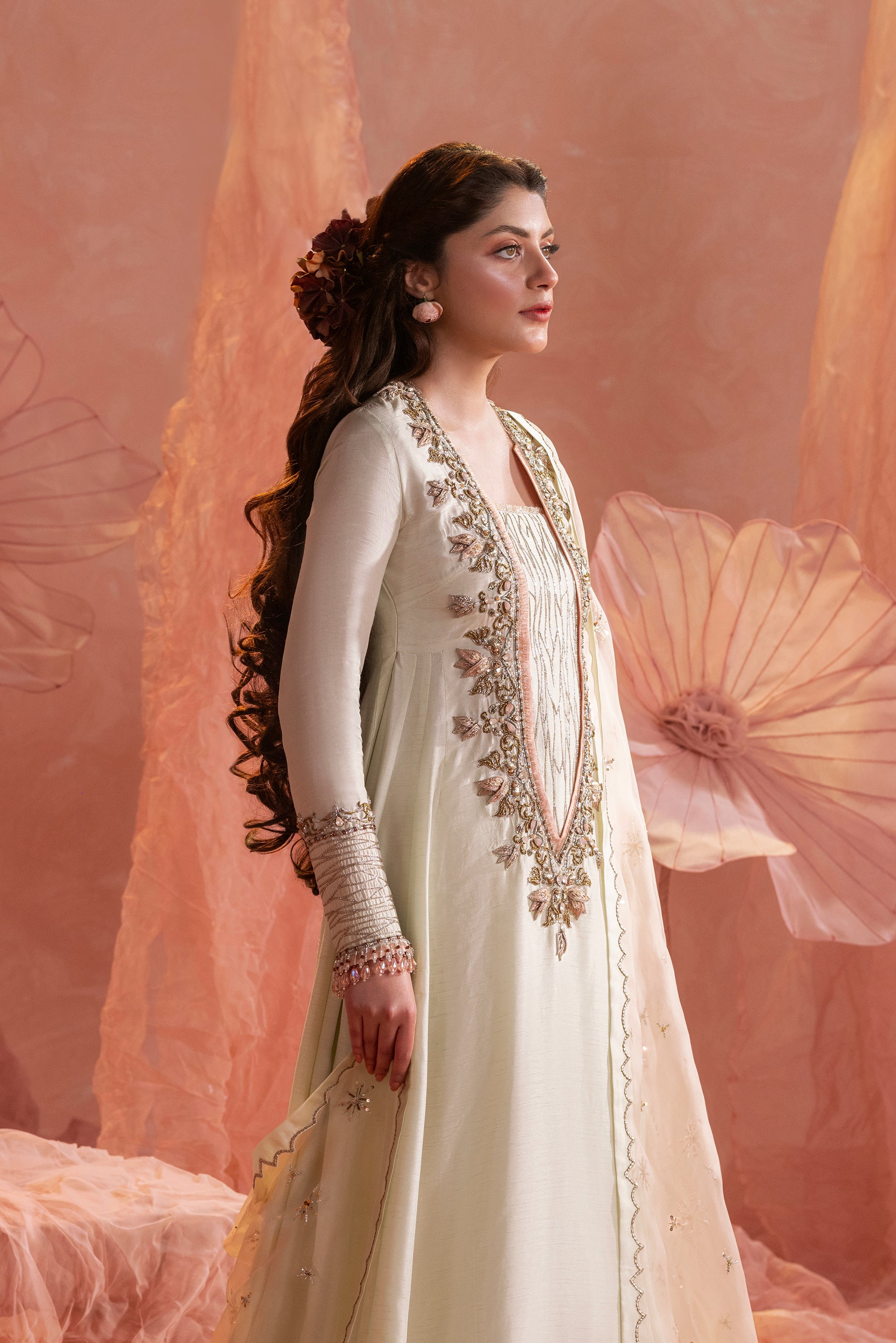 Peach Ivory Zardozi Silk Jacket Ensemble (3-Piece) - Image 4