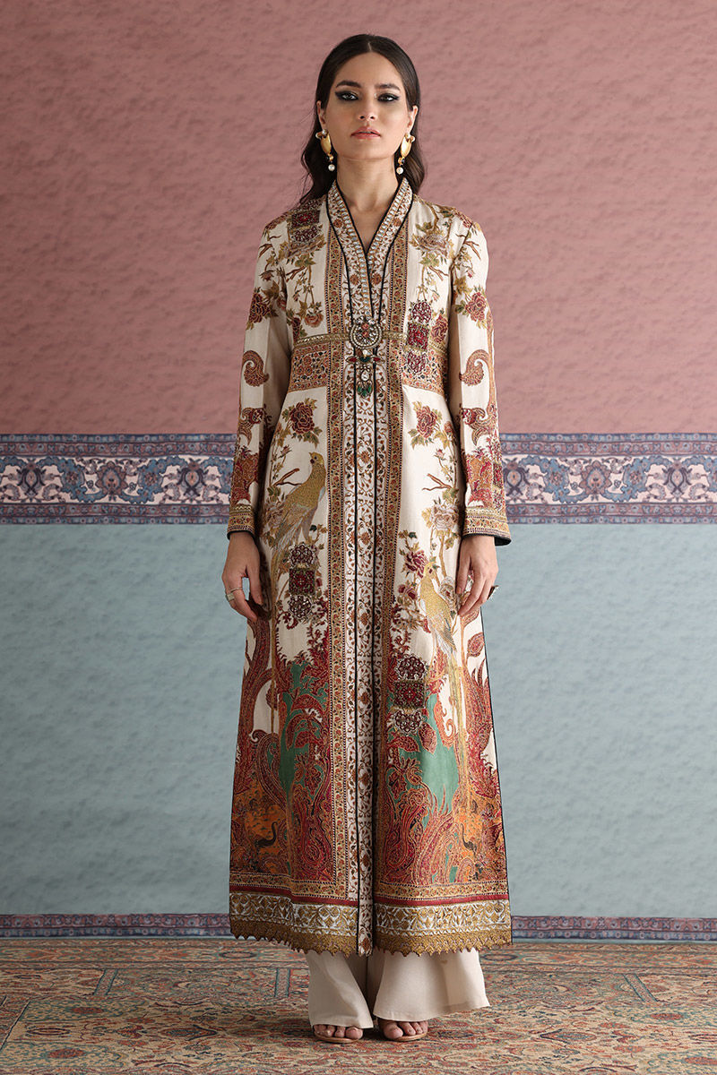 Ivory Zardozi Silk Long Jacket Set (2-Piece) - Image 1