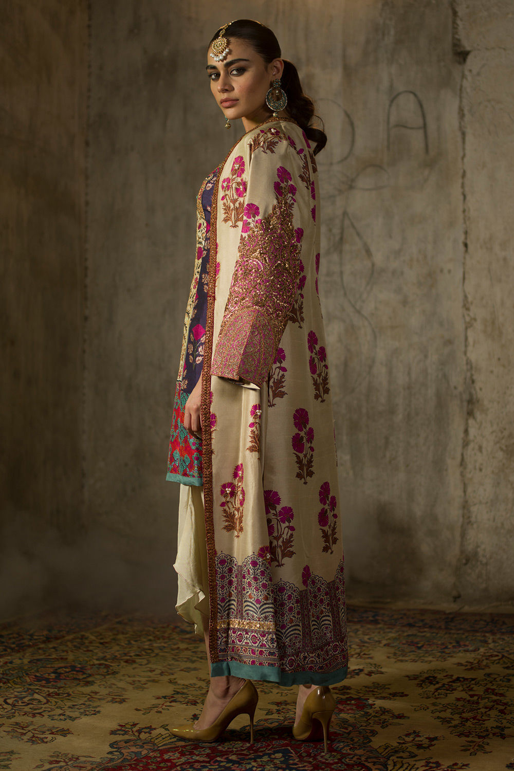 Pakistani Ivory Multi-Colour Zardozi Pure Silk Jacket Set (3-Piece) - Image 2
