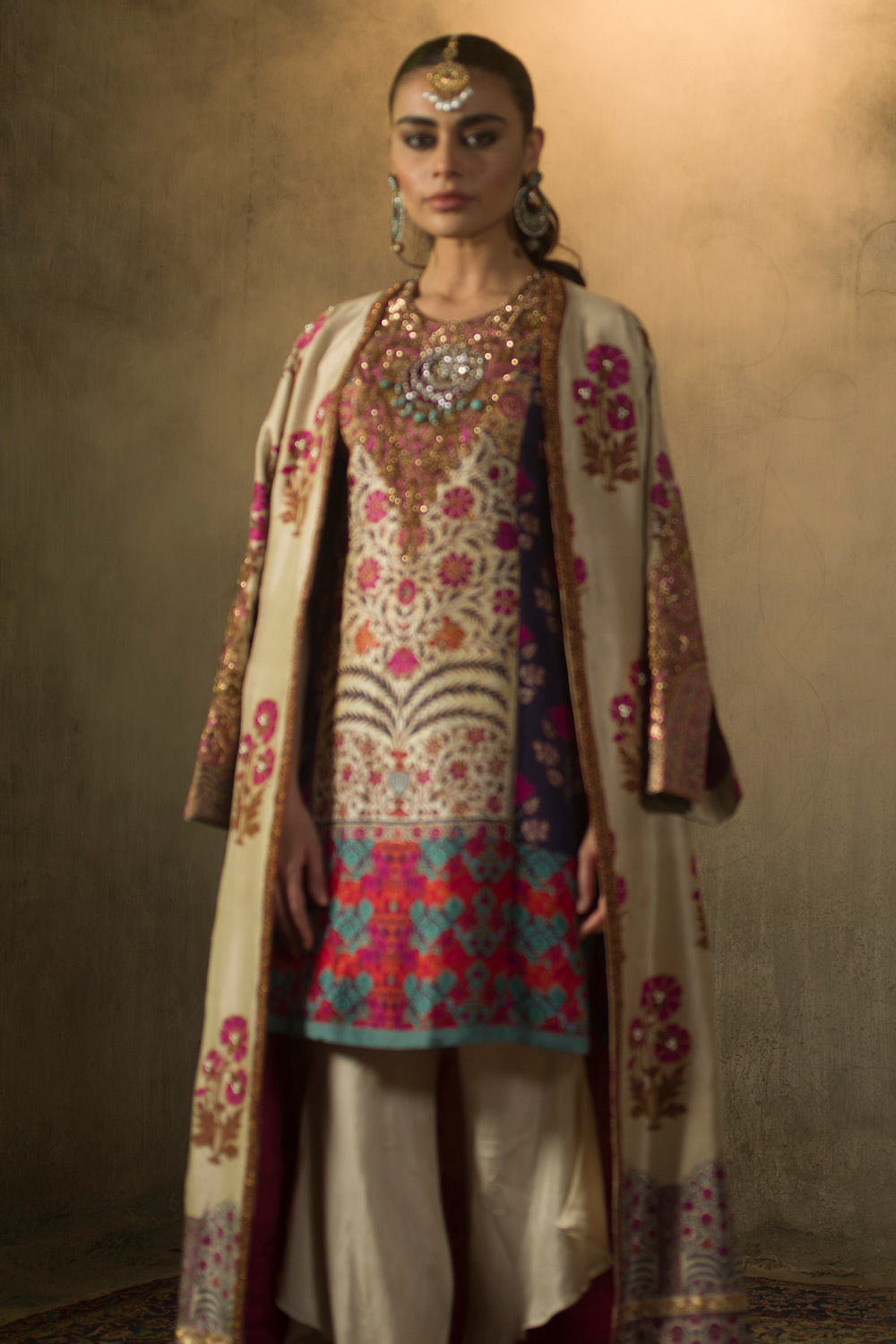 Pakistani Ivory Multi-Colour Zardozi Pure Silk Jacket Set (3-Piece) - Image 4