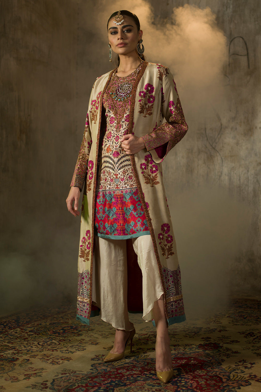 Pakistani Ivory Multi-Colour Zardozi Pure Silk Jacket Set (3-Piece) - Image 5
