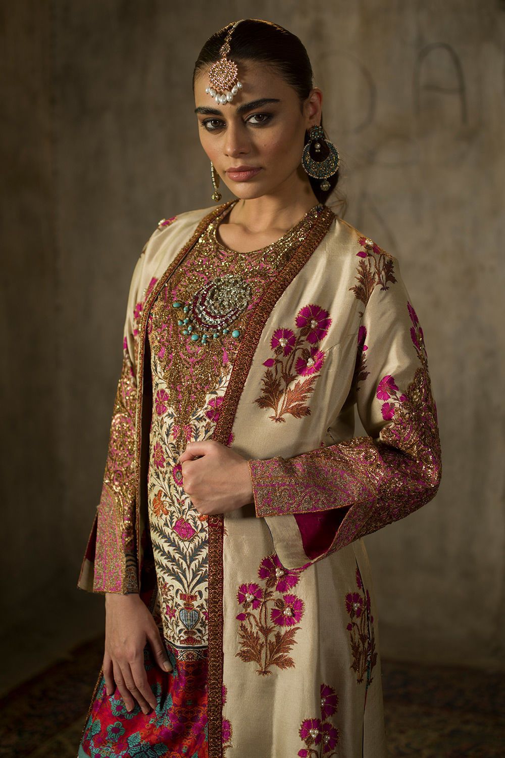 Pakistani Ivory Multi-Colour Zardozi Pure Silk Jacket Set (3-Piece) - Image 7