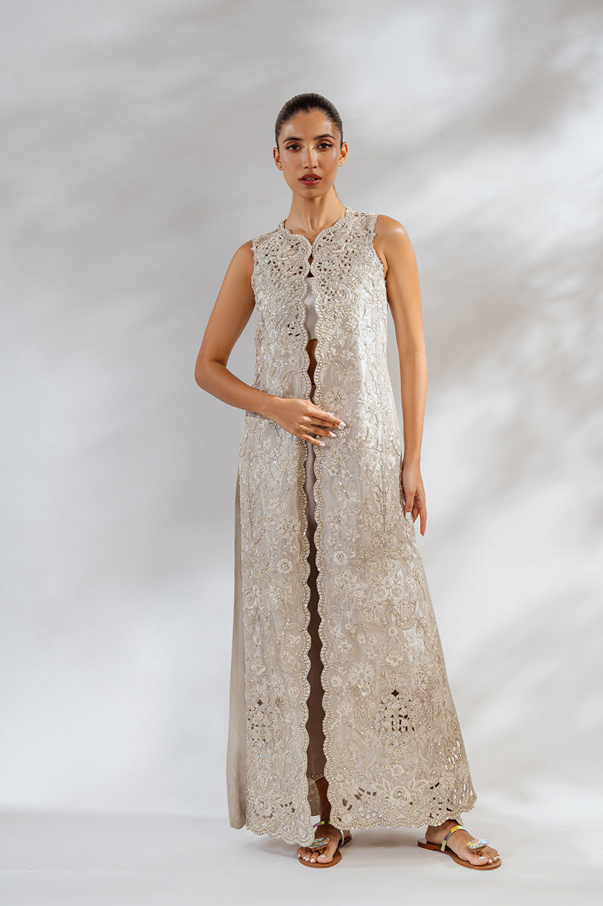 Pakistani Metallic Ivory Embroidered Tissue Jacket 3-Piece - Image 1