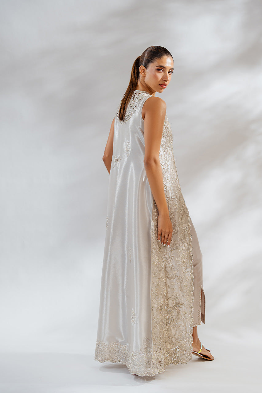 Pakistani Metallic Ivory Embroidered Tissue Jacket 3-Piece - Image 2