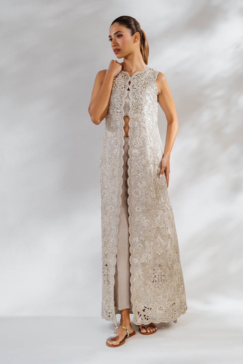 Pakistani Metallic Ivory Embroidered Tissue Jacket 3-Piece - Image 3