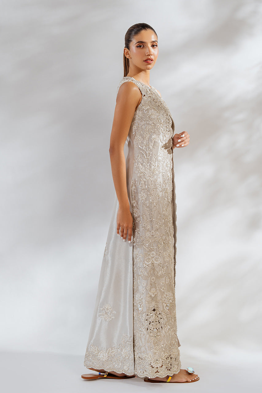Pakistani Metallic Ivory Embroidered Tissue Jacket 3-Piece - Image 4